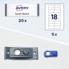 Η εικόνα δείχνει φύλλα ετικετών Avery με την ένδειξη 'Sarah Baron', με 20 ετικέτες που αναφέρονται. Υπάρχουν επίσης δύο εφαρμοστές ετικετών: ένας μαύρος και ένας μπλε, μαζί με έναν οδηγό διάταξης για ένα φύλλο 18 ετικετών που επαναλαμβάνεται 5 φορές.